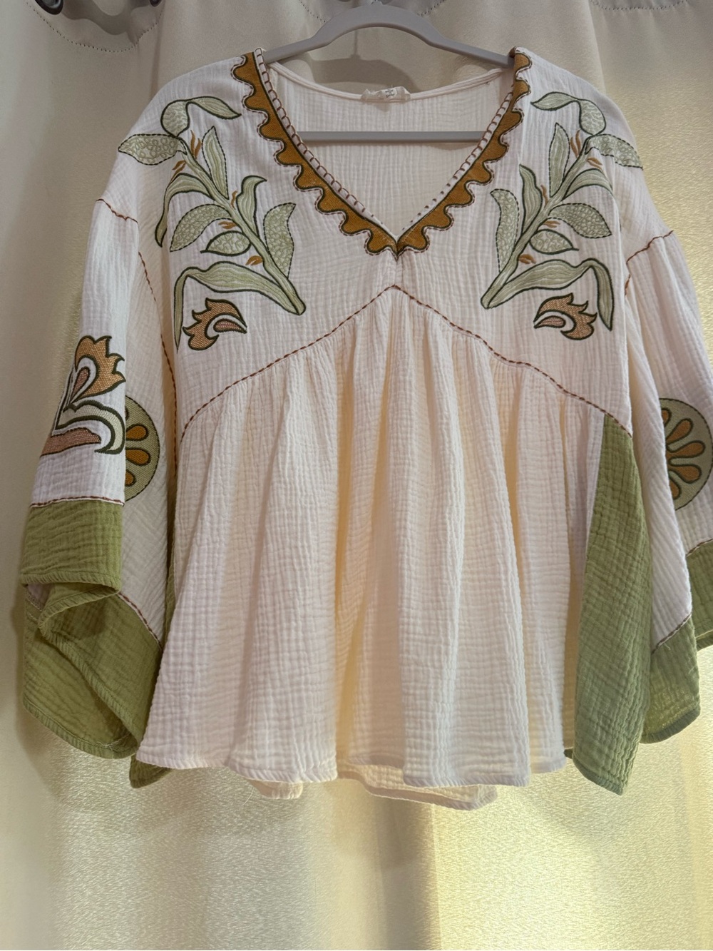 easel White Tunic with Olive and Mustard Embroidered Details